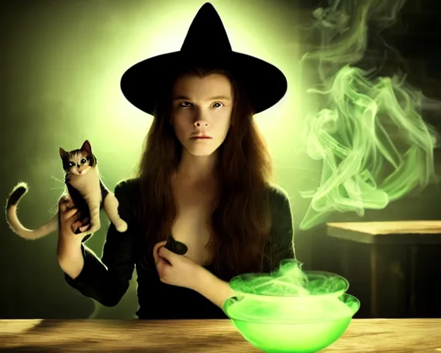 Image similar to close up portrait, dramatic lighting, calm confident teen witch and her cat mixing a spell in a cauldron, a little smoke fills the air, a witch hat, cinematic, a little green smoke is coming out of the cauldron, ingredients on the table, apothecary shelves in the background, still from nickelodeon show