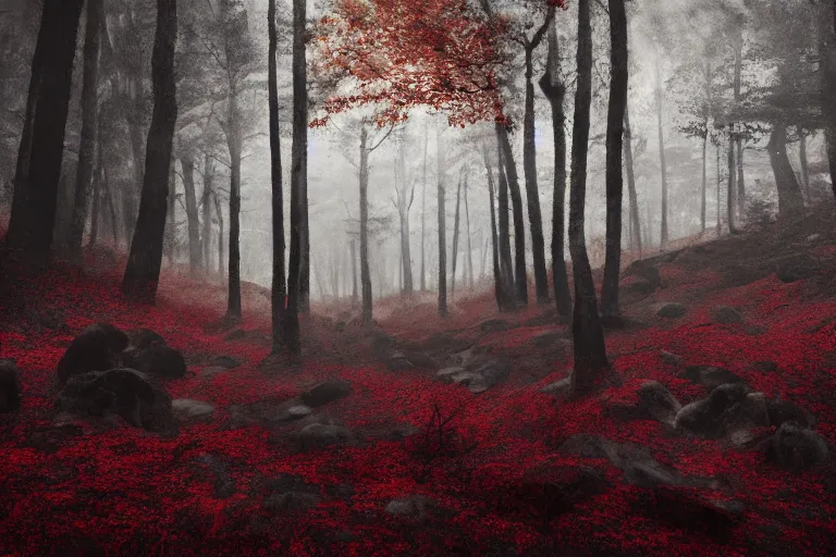 Image similar to deep dark moody forest, red fog on the ground, bleak. big stones, dark mood. mysterious. doom. realistic painting. photobashing, matte painting, highly detailed, autumn, cinematic, hyperralistic, artstation, dramatic lighting, god rays, clean crisp graphics, smooth sharp focus, extremely detailed, ukiyo - e, impressionism