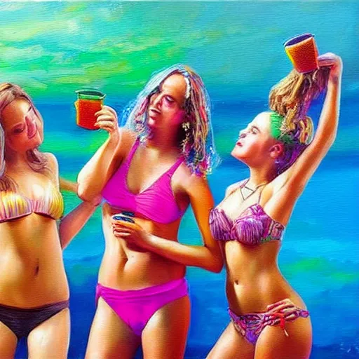 Prompt: “springbreak party, 3 young girls, hyper realistic oil painting”