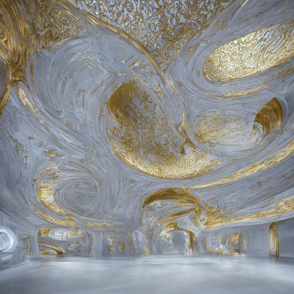 Image similar to an incredibly smooth curvilinear neo baroque interior architectural spatial sculpture, a golden pool on the ground is envelope by folding white surfaces, blue light, visually satisfying seductive architecture render