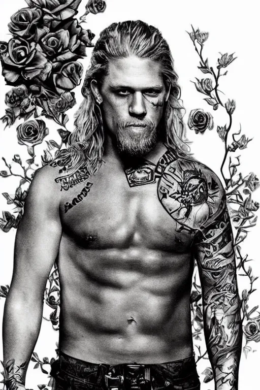 Image similar to Photorealistic half body Portrait of Jax Teller as a very attractive muscular biker, all his skin covered by flowers, elvish symbols and and dark grim themed tattoos. surrounded by magic lightings overlays, Intricate, concept art, magic lighting overlays, magical portal opened, D&D!, fantasy style, sharp focus!, ultra detailed, art by Artgerm and Peter Andrew Jones, WLUP, Magali Villeneuve