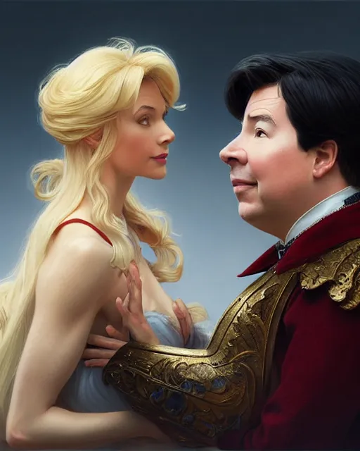 Image similar to Portrait of a  blonde lady and Michael mcintyre in Dogtanian,real life skin, intricate, elegant, highly detailed, artstation, concept art, smooth, sharp focus, art by artgerm and greg rutkowski and alphonse mucha