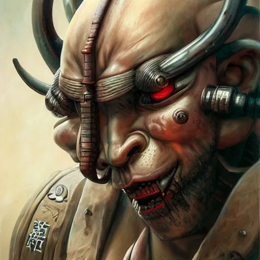 Image similar to portrait, cyberpunk japanese oni demon with horns, stern expression, cyberpunk 2 0 7 7, highly detailed, digital painting, artstation, concept art, smooth, sharp focus, illustration, artgerm, tomasz alen kopera, peter mohrbacher, donato giancola, joseph christian leyendecker, wlop, frank frazetta