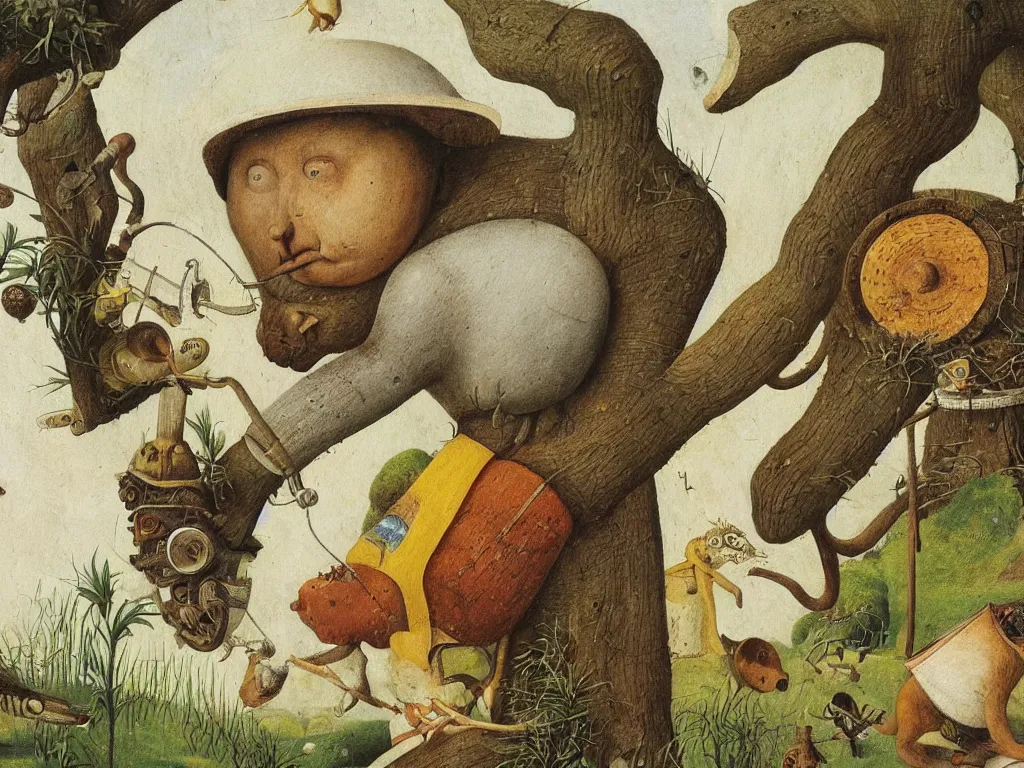 Image similar to close up portrait of man in white beekeeping suit with a surreal impossible creature from codex seraphinianus. painting by bosch, walton ford, agnes pelton