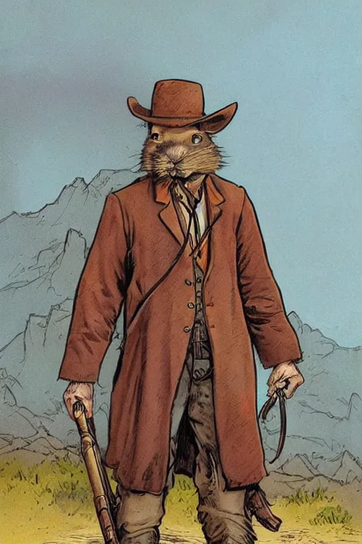 Image similar to Mr Rabbit dressed as an old west prospector. concept art by James Gurney and Mœbius.