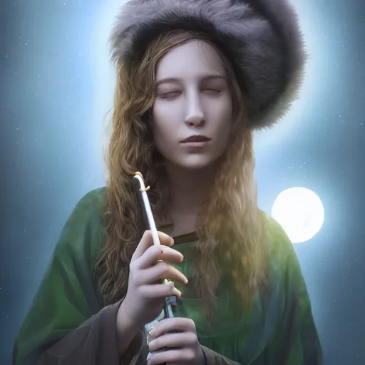 Prompt: portrait of a young female druid smoking pipeweed, D&D, moonlight, realistic, cinematic lighting, fantasy digital painting