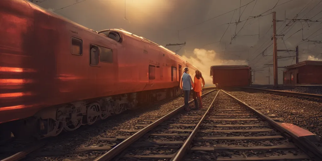 Image similar to young couple sitting in the train wagon, view from the side, stunning volumetric lighting, sundown, trending on Artstation, 8k, photorealistic, hyper detailed, unreal engine 5, cinematic, epic lighting, cryengine, octane render, cyberpunk, red and orange glow