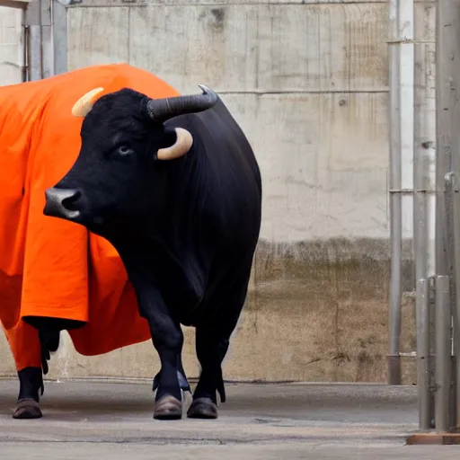 Prompt: bull wearing orange inmate clothes