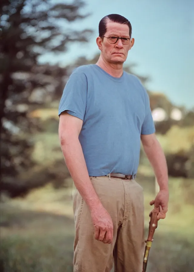 Image similar to live action hank hill, portrait photo taken by annie leibovitz, dramatic lighting, 8 5 mm f / 2. 4, kodak portra, color film