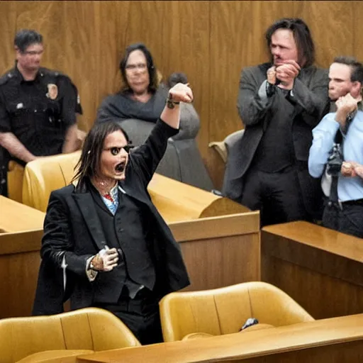 Prompt: johnny depp cheering in court as he wins defamation case, 4 k, photorealistic photography