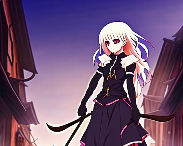 Image similar to key anime visual portrait of a young female witch walking through a busy medieval village, dynamic pose, dynamic perspective, cinematic, dramatic lighting, detailed silhouette, anime proportions, perfect anime face