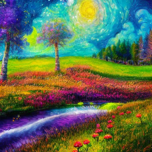 Prompt: an impressionist painting of a gorgeous meadow filled with colorful mushrooms with a stream flowing through it, psychedelic colors, starry sky in background, high detail, trending on artstation