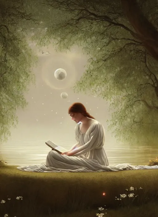 Image similar to pale delicate woman in white nightgown reading a book by a river, full moon in a dark starry sky, golden orbs and fireflies, illustration, dramatic lighting, soft details, painting oil on canvas, art nouveau, octane render, 8 k, by edmund blair leighton, brom, charlie bowater, trending on artstation