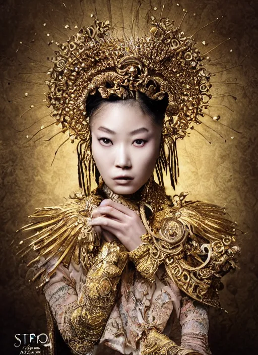 Image similar to a portrait of pan - asian female by stefan geselle and nekro borja, photorealistic, intricate details, hyper realistic, fantasy, elegant, baroque gold headpiece, photorealistic, canon r 3, photography, wide shot, symmetrical features, symmetrical pose, wide angle shot, head to toe, standing pose, feet on the ground, wearable art