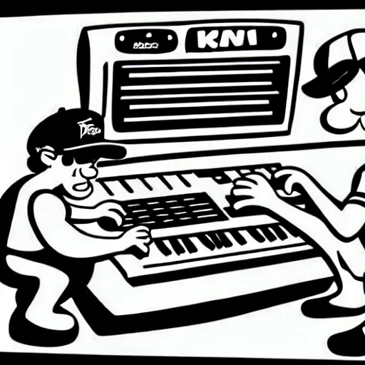 Image similar to cartoon line drawing illustration, in fine detail, of a kid wearing a baseball cap, playing a Korg MS-20 synthesizer, in the style of The Beano, sharpie, black and white, long shot, white background, marker pen, graffiti character, 90s cartoon, Dennis the menace, Calvin and hobbies