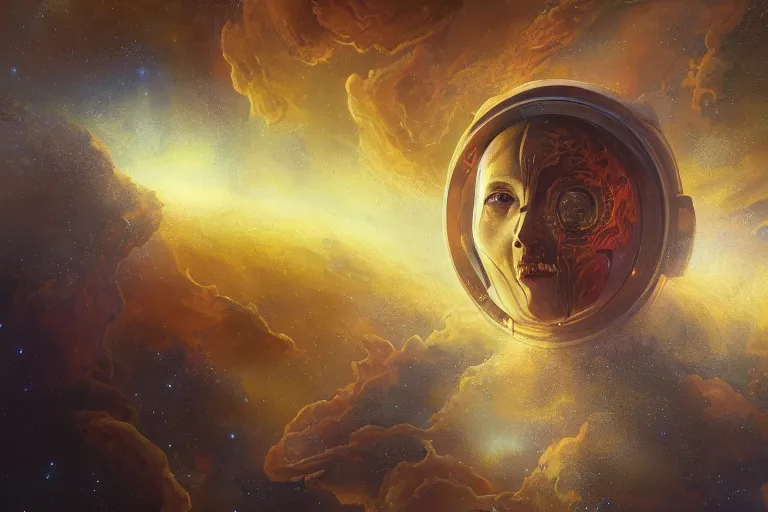 Prompt: space void face, oil on canvas, intricate, portrait, 8k highly professionally detailed, HDR, CGsociety, illustration painting by Mandy Jurgens and Małgorzata Kmiec and Dang My Linh and Lulu Chen and Alexis Franklin and Filip Hodas and Pascal Blanché and Bastien Lecouffe Deharme, detailed intricate ink illustration, heavenly atmosphere, detailed illustration, hd, 4k, digital art, overdetailed art, concept art, complementing colors, trending on artstation, Cgstudio, the most beautiful image ever created, dramatic, subtle details, illustration painting by alphonse mucha and frank frazetta daarken, vibrant colors, 8K, style by Wes Anderson, award winning artwork, high quality printing, fine art, gold elements, intricate, epic lighting, very very very very beautiful scenery, 8k resolution, digital painting, sharp focus, professional art, atmospheric environment, art by artgerm and greg rutkowski, by simon stålenhag, rendered by Beeple, by Makoto Shinkai, syd meade, 8k ultra hd, artstationHD, 3d render, hyper detailed, elegant, by craig mullins and marc simonetti, Ross Tran and WLOP, by Andrew Wyeth and Gerald Brom, John singer Sargent and James gurney