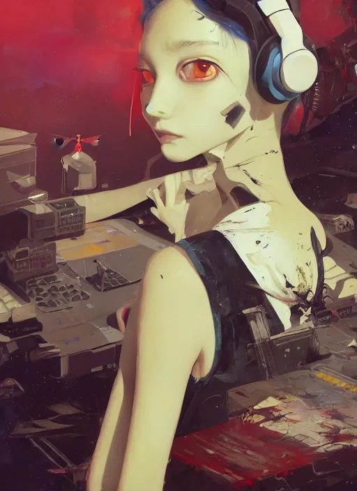 Image similar to surreal gouache painting, by yoshitaka amano, by ruan jia, by conrad roset, by good smile company, detailed anime 3d render of a dragonfly on a DJ mixer, portrait, cgsociety, artstation, rococo mechanical and eletronic, dieselpunk atmosphere