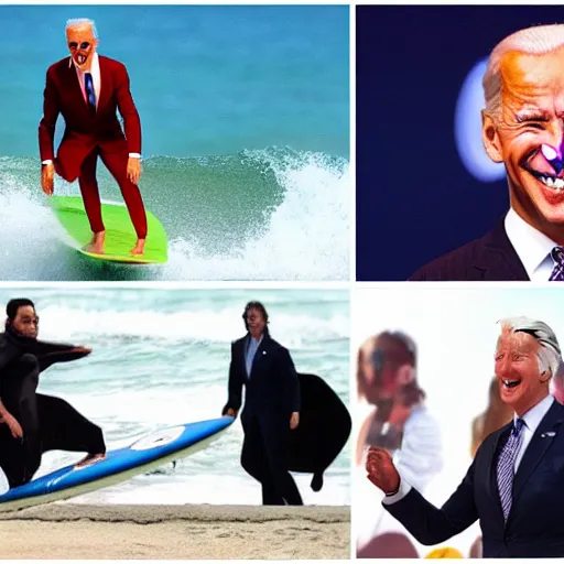 Image similar to surfing joe biden as mr. bean as the joker from batman, surfing still from batman vs bean at the beach, 2 0 2 0