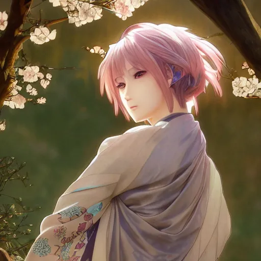 Image similar to side portrait of a girl walking, sakura tree in background, yukata clothing, battlefield in background, anime style, hair down, symmetrical facial features, from arknights, hyper realistic, 4 k, extreme detail, detailed drawing, trending artstation, realistic lighting, by alphonse mucha, greg rutkowski, sharp focus, backlit