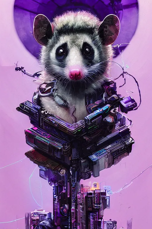 Image similar to a beautiful portrait of a cute cyberpunk opossum by sandra chevrier and greg rutkowski and wlop, purple blue color scheme, high key lighting, volumetric light, digital art, highly detailed, fine detail, intricate, ornate, complex, octane render, unreal engine, photorealistic