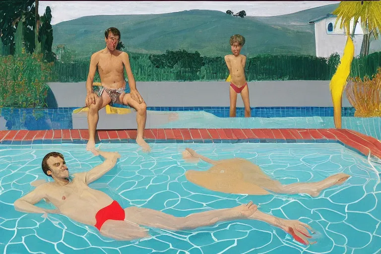 Prompt: emmanuel macron swimming in a pool in california house, by david hockney, peter doig, lucien freud, francis bacon, bouguereau,