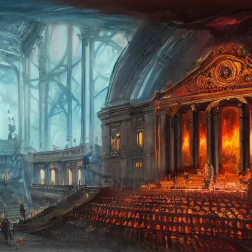 Prompt: the opera house at lviv in hell, inferno, panorama, highly detailed, full body, digital painting, trending on artstation, concept art, sharp focus, illustration, art by artgerm and greg rutkowski and magali villeneuve