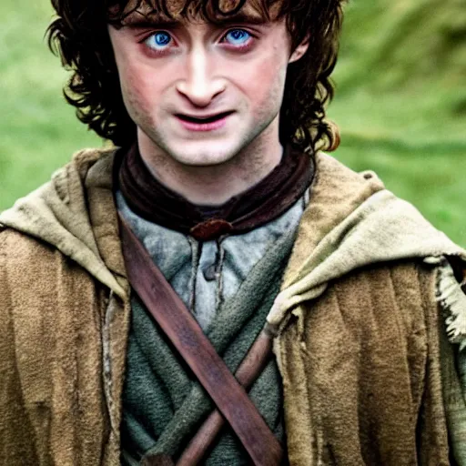 Prompt: Daniel Radcliffe as Frodo, cinematic film still