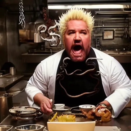 Image similar to guy fieri, mixed with an eldritch horror monster, with tentacles, in a restaurant kitchen, film still from the movie directed by denis villeneuve with art direction by salvador dali