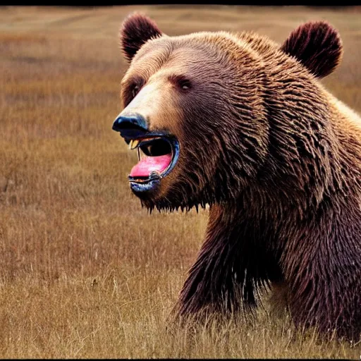 Image similar to a bloodthirsty bear, raised up on one side, with three ribs in its mouth between its teeth, 8k