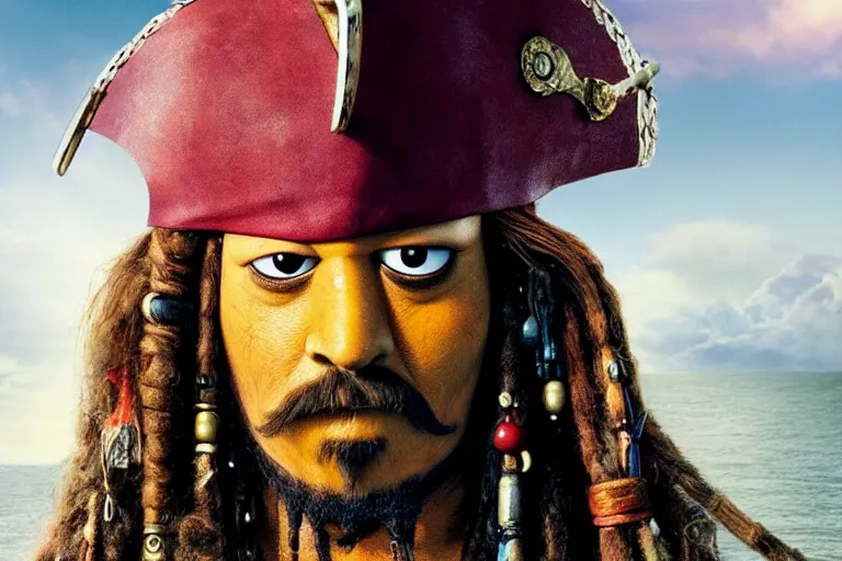 Image similar to promotional image of Homer Simpson as Captain Jack Sparrow in the new Pirates of the Carribean movie, realistic, detailed face, movie still frame, promotional image, imax 70 mm footage