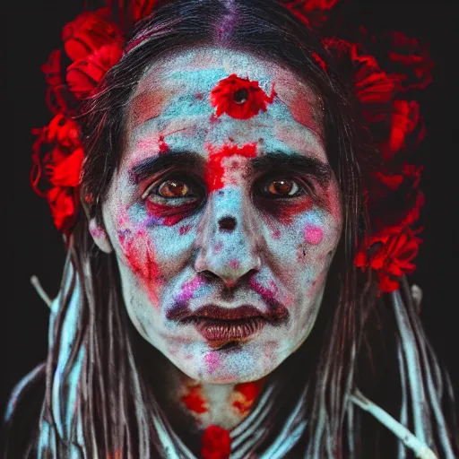 Prompt: 3 5 mm coloured film portrait of strange female aghori sadhu covered in ash creature, hyperrealism, celestial red flowers vibe, photorealistic, detailed, atmospheric, 8 k, award winning photography, cinematic