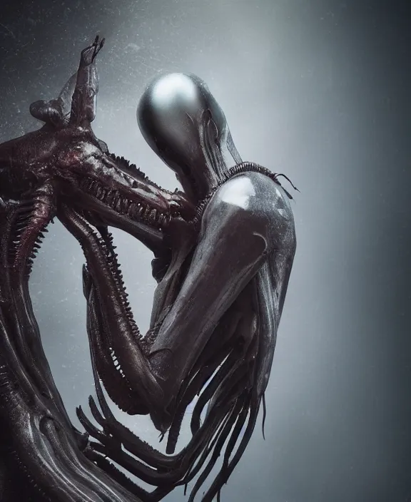 Image similar to xenomorph hugging pale sad beauty merging, dark mist colors, giger background liminal void, digital art, cinematic lighting, realistic, award winning photograph, various refining methods, micro macro autofocus