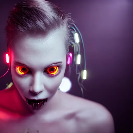 Image similar to a terrifying but beautiful young woman with wires for hair, full body, glowing eyes, razor sharp teeth, computers, horror, studio lighting, 8 5 mm f 1. 8, cyberpunk, full body portrait, masterpiece, trending, highly detailed, realistic