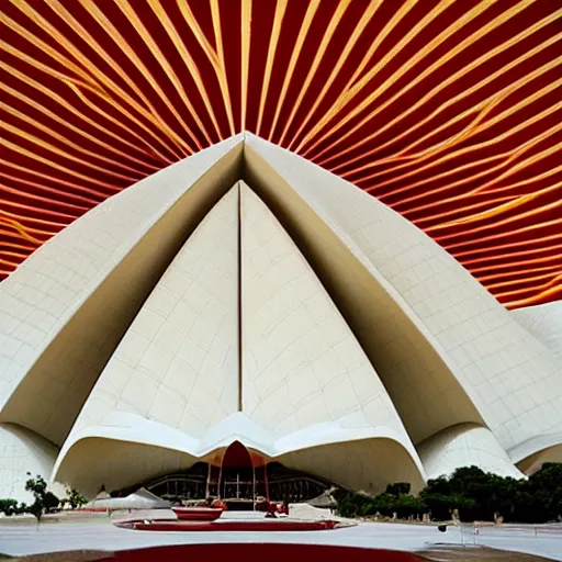 Prompt: futuristic lotus temple space station with gold, red and white marble panels, by santiago calatrava and buckminster fuller and syd mead, intricate contemporary architecture, photo journalism, photography, cinematic, national geographic photoshoot