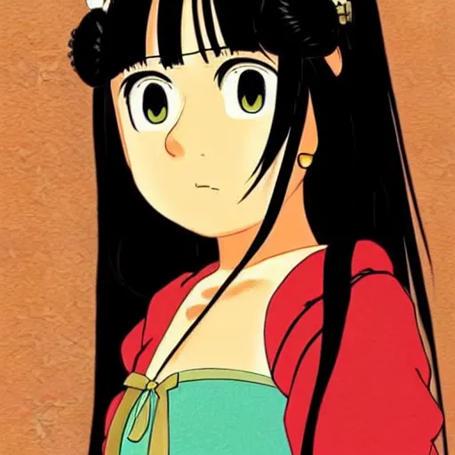 Prompt: beautiful mexican woman, darker tan skin, black hair and brown eyes, studio ghibli art style, art by hayao miyazaki, makoto shinkai