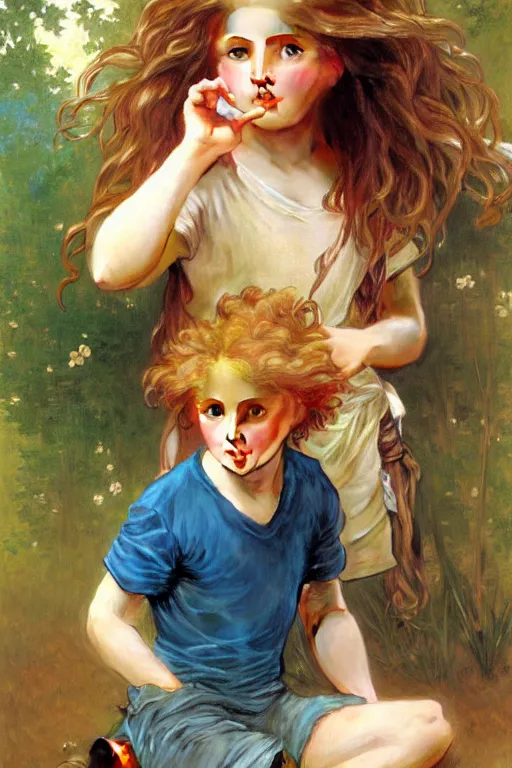 Prompt: a seven - year old with long curly dirty blonde hair, blue eyes, tan skin a tee shirt and shorts, playing with foxes, painting by daniel gerhartz, alphonse mucha, bouguereau, detailed art, accurate facial details, no blush, artstation