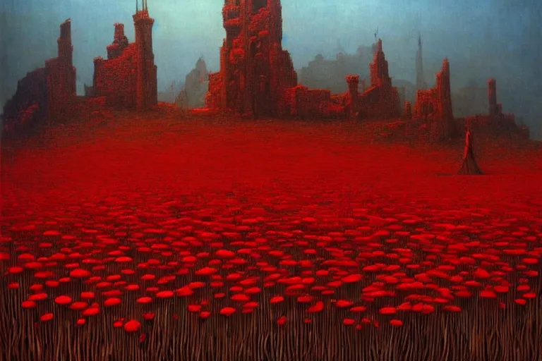 Image similar to only with red, red flowers of different types, a castle in the background, red orcs and trolls dance over the flowers, in the style of beksinski, part by hopper, part by rodcenko, part by hofbauer, intricate composition, red by caravaggio, insanely quality, highly detailed, masterpiece, red light, artstation