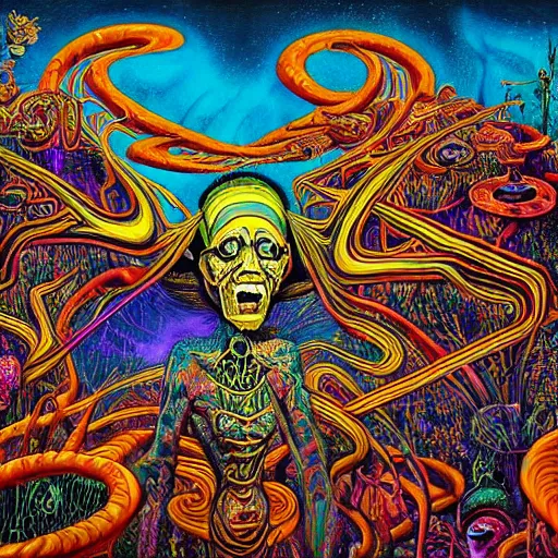 Image similar to Psychedelic DMT experience with inter-dimensional beings and insane trippy visuals in the style of an album cover by Howard Finster, Michael Cheval (unreal engine, 3d highly detailed, 8k, UHD, fantasy, dream, otherworldly, bizzare, spirals, colourful, vivid)