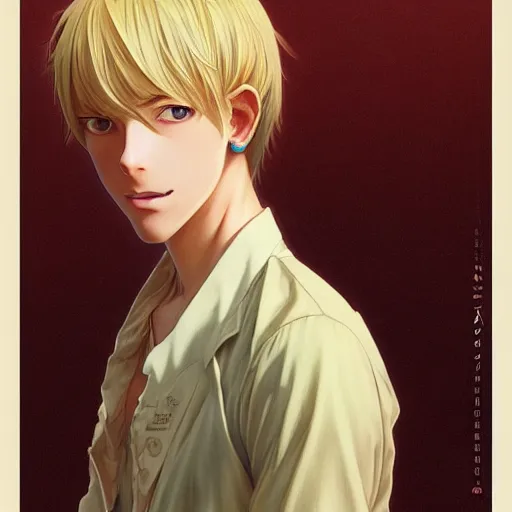 Prompt: highly detailed vfx portrait of a blond young man by eiichiro oda, makoto shinkai, alphonse mucha, sharp focus, art by artgerm and greg rutkowski!, backlit, harsh overhead sunlight, detailed,