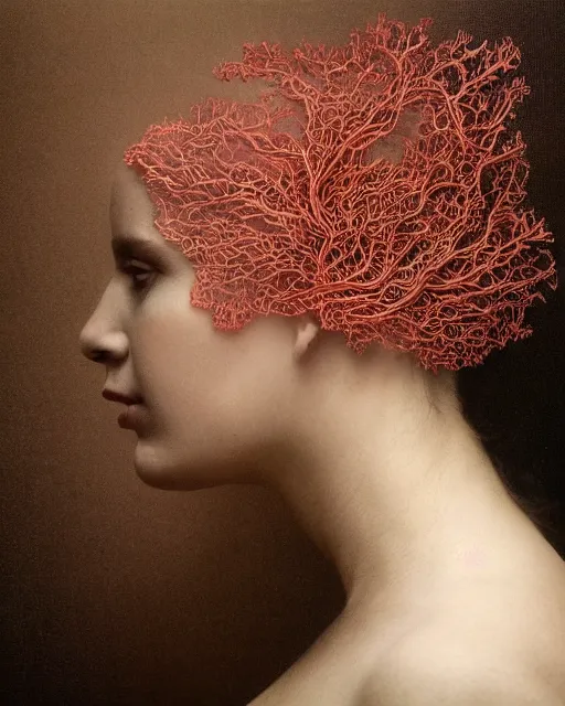 Image similar to a woman's face in profile, long flowing hair entwined in a coral reef, made of intricate decorative lace leaf, in the style of the dutch masters and gregory crewdson, dark and moody