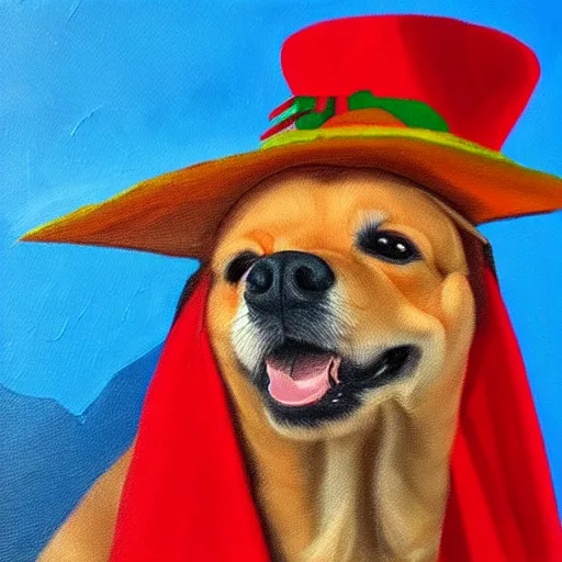 Prompt: Oil painting of a doge wearing a sombrero and a red neckerchief in the desert