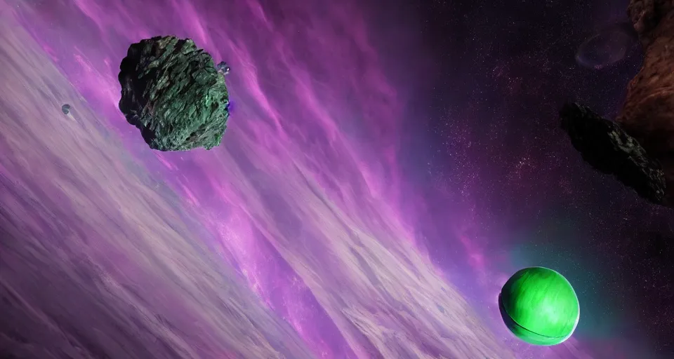 Image similar to masterpiece. octane render. view of the planet down below. space station pov. screenshot from the new sci - fi metroid film directed by denis villeneuve 4 k. cinema. close orbital of a new alien world nested within an asteroid belt nebula. purple and green lightning aurora upon it's surface.