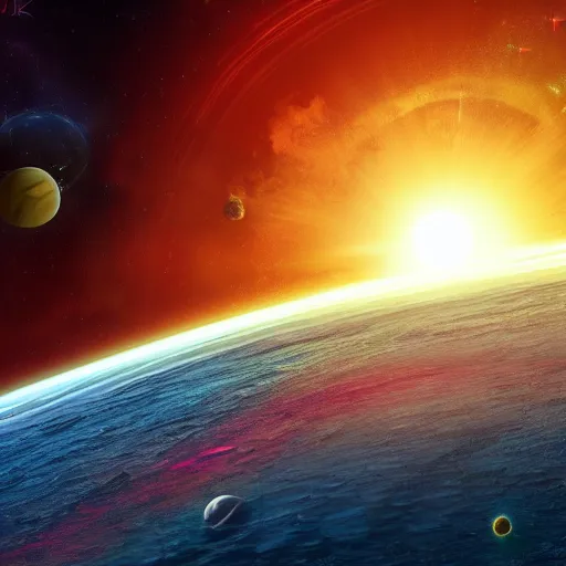 Image similar to an ultradetailed colorful illusturation of a solar system in space by makato shinkai, anime wallpaper 4 k