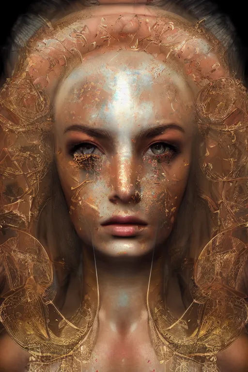 Prompt: photorealistic portrait god oracle, her eyes covered by gilded veils, she whispering dark energy into existence by ayami kojima and ewelina kowalczyk and alessio albi, trending on artstation, realistic, photorealistic, vibrant colors, symmetrical face, glistening skin, dark skin, volumetric lighting, subsurface scattering