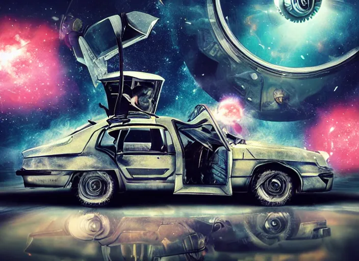 Prompt: volvo time machine flying through space and time, digital art, illustration, 3 d, colourful, amazing, cinema, michael bay style