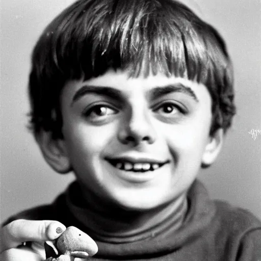 Prompt: the little prince of saint exupery smiling with a purple flower on his hand made of clay