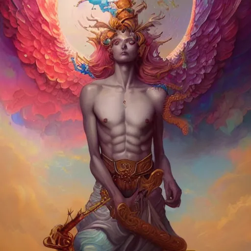 Image similar to detailed key art, concept illustration, hyper detailed painting, hyperrealist painting of an psychedelic angelic celestial being mythical creature by peter mohrbacher, by sam spratt trending on artstation, sacred geometry, esoteric art