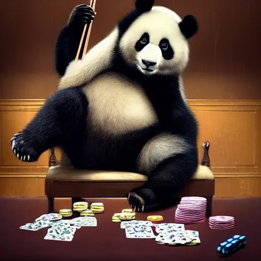 Prompt: panda panda playing poker by greg rutkowski and thomas kinkade, trending on artstation, 3 d render octane! dream panda plays the violin by greg rutkowski and thomas kinkade, trending on artstation, 3 d render octane