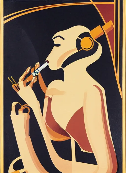 Prompt: art-deco painting of a curvy robot lady smoking a cigarette with a cigarette-holder