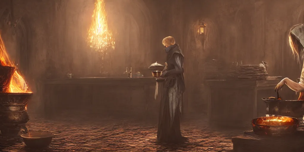 Prompt: The Firekeeper of Dark Souls 3 washing dishes in a traditional kitchen setting, digital art, 4K, ultra-realistic